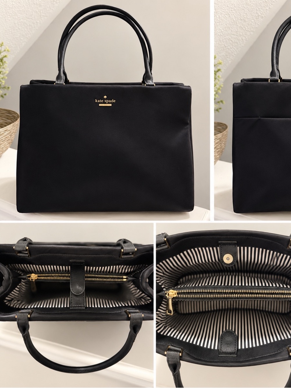 kate spade Black Nylon Top-Handle Tote with Striped Lining